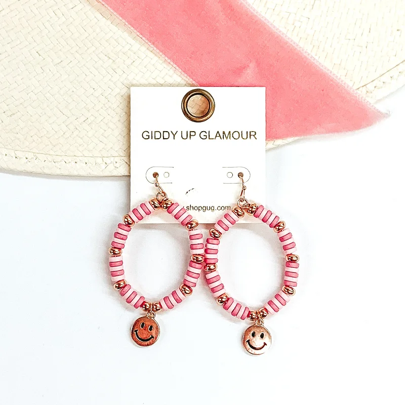 Wedding Earrings with Gemstones-Beaded Teardrop Earrings with Gold Happy Face Charm in Gold/Pink