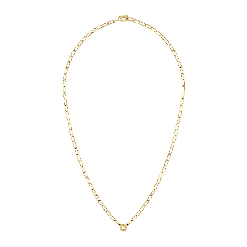 Luxury Wedding Necklace-14KT GOLD DIAMOND SINGLE BEZEL SET LINK NECKLACE