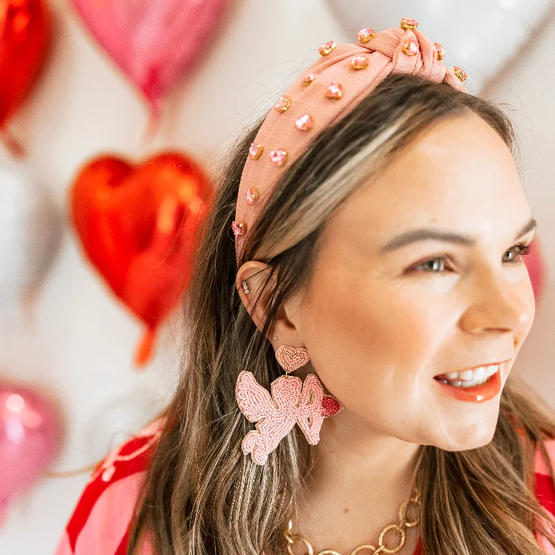 Luxury Diamond Earrings-Heart Post Beaded Cupid Earrings with Heart Arrow in Rose Pink