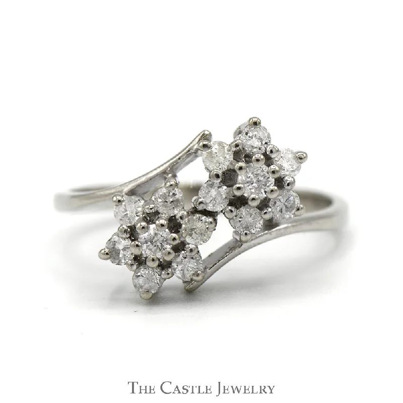 Custom Initial Ring-1/2cttw Double Flower Diamond Cluster Ring in 14k White Gold Bypass Design