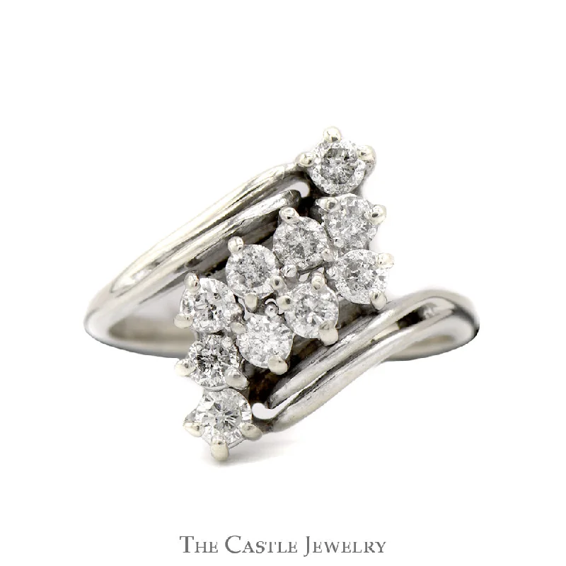 Custom Diamond Wedding Ring-3/4cttw Z Shaped Diamond Cluster Ring in 14k White Gold Bypass Setting