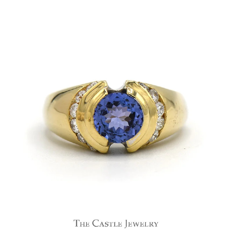 Vintage Engagement Ring Set-Round Bezel Set Tanzanite Ring with Channel Set Diamond Sides in 14k Yellow Gold