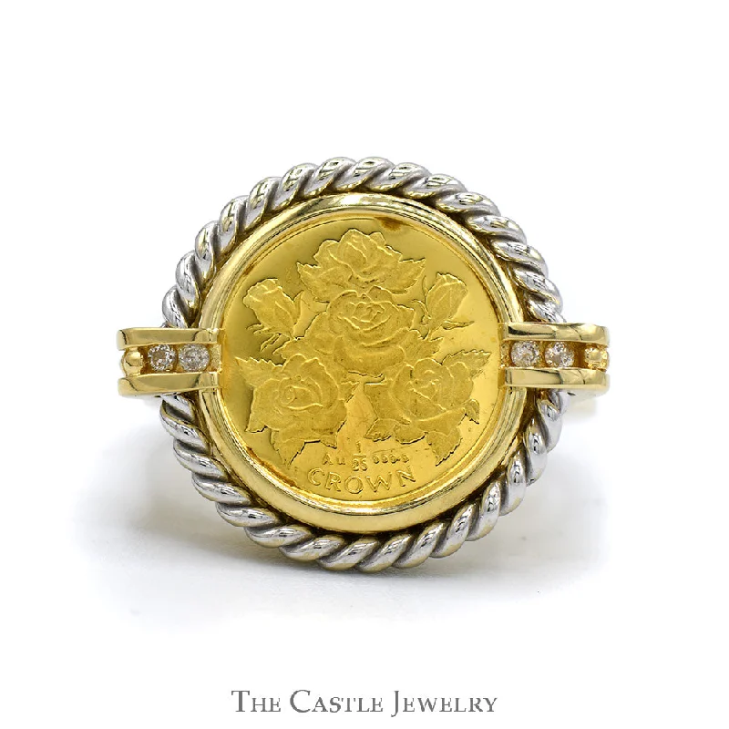 Vintage Gold Ring-1996 Gibraltar 1/25 Crown Rose Design Coin Ring with Rope Bezel and Diamond Accents in 14k Yellow Gold