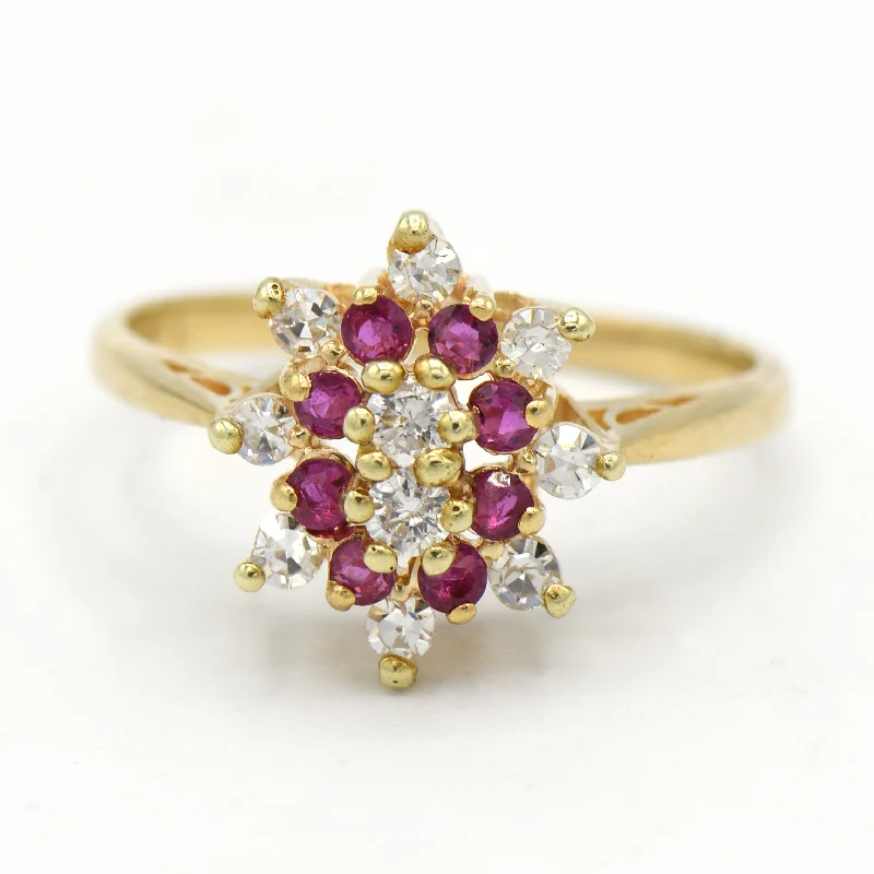 Custom Engagement Ring with Rubies-Ruby and Diamond Cluster Ring in 14k Yellow Gold Catherdral Mounting