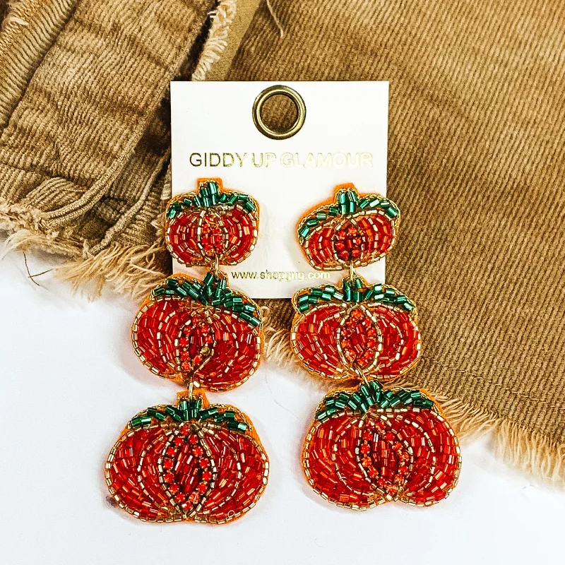 Diamond Hoop Earrings-Three Tiered Pumpkin Beaded Earrings in Orange