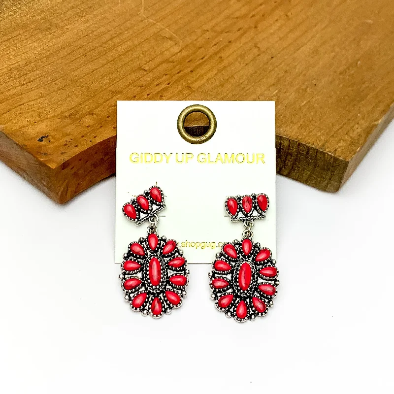 Classic Gold Earrings-Red Marble and Silver Tone Flower Drop Earrings