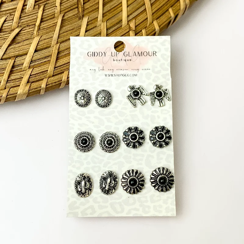 Statement Earrings for Weddings-Set Of Six | Multiple Black and Silver Tone Stud Earrings