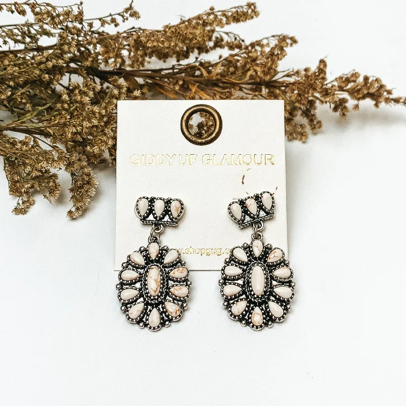 Classic Stud Earrings-Silver Tone Cluster Post Earrings with Oval Cluster Drop with Ivory Stones