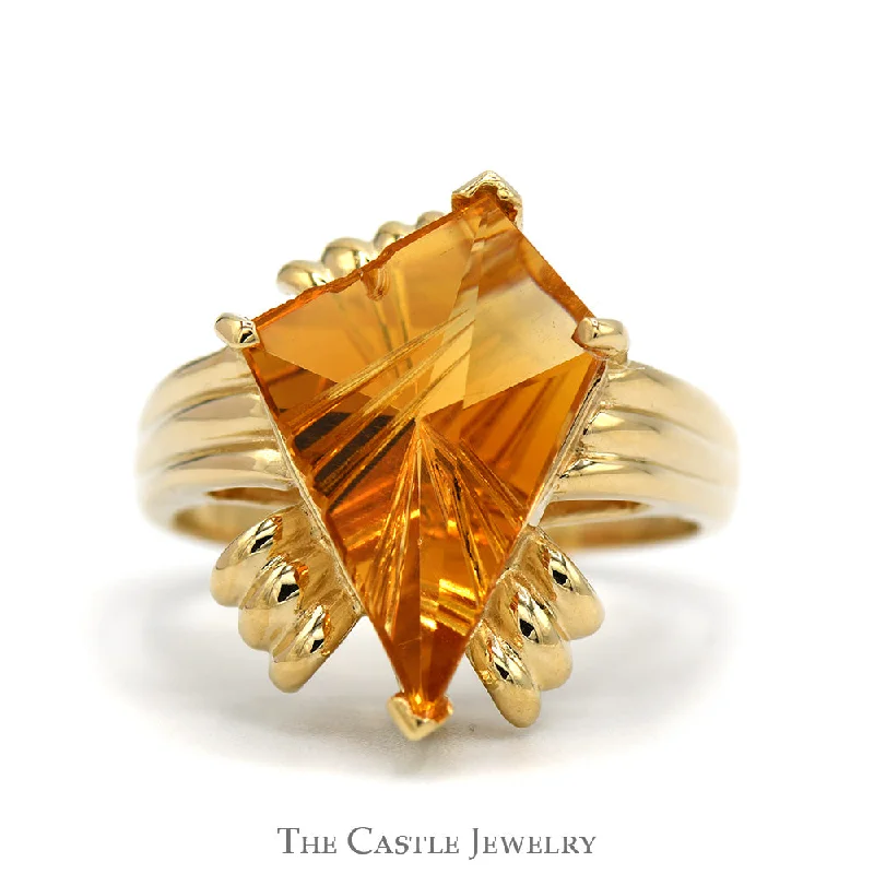 Large Diamond Wedding Ring-Unique Kite Cut Citrine Ring in 10k Yellow Gold Ridged Mounting