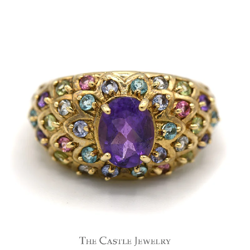 Personalized Gemstone Ring-Oval Amethyst & Multi Gemstone Cluster Ring in 10k Yellow Gold