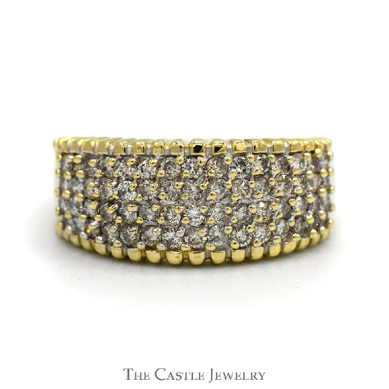 Men's Platinum Wedding Ring-1cttw 4 Row Diamond Cluster Ring with Beaded Edges in 14k Yellow Gold