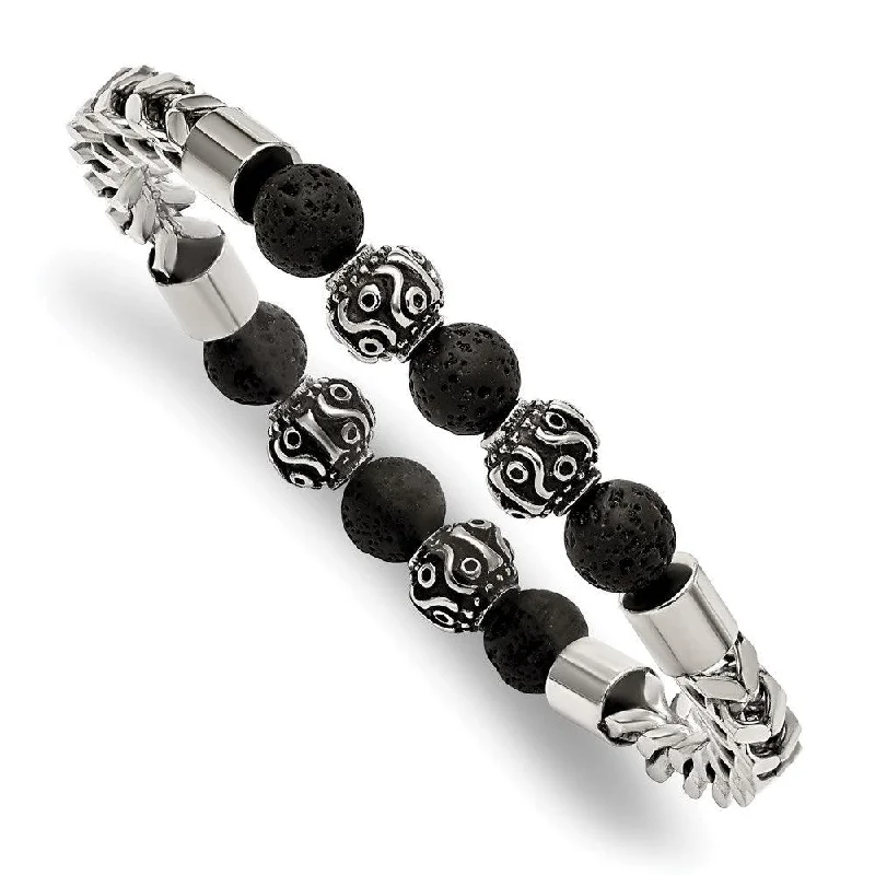 Men’s Silver Bracelet-Stainless Steel Antiqued & Polished w/Lava Stone Beads Stretch Bracelet