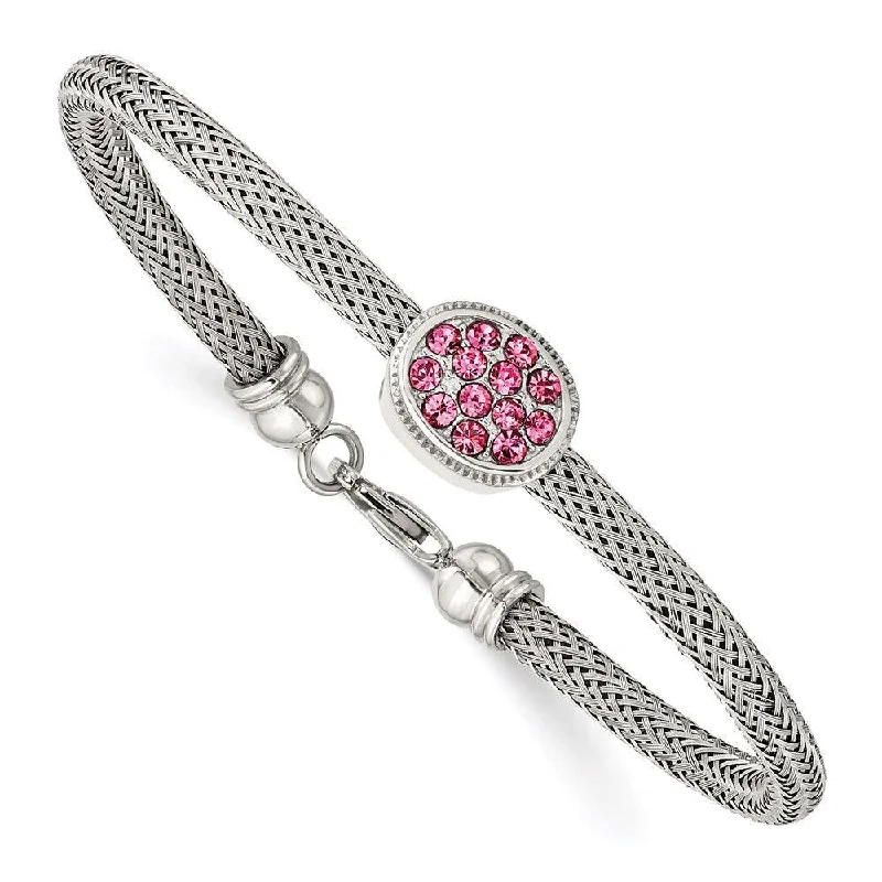 Elegant Diamond Bracelet-Stainless Steel Polished and Textured Pink Crystal 7.25in. Bracelet