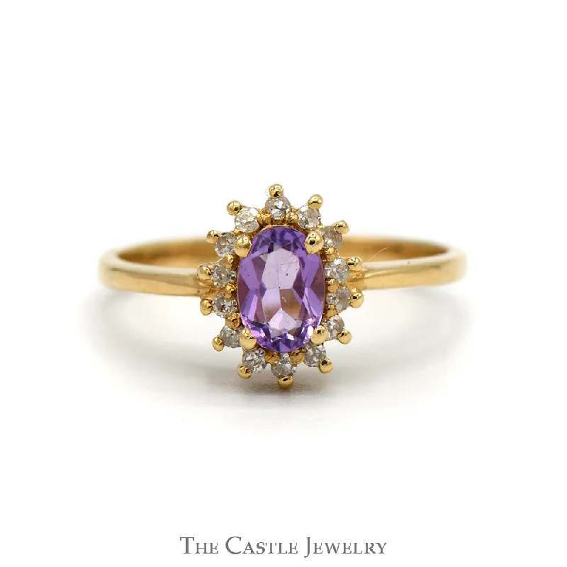 Custom Wedding Band with Diamonds-Oval Amethyst Ring with Diamond Halo in 14k Yellow Gold