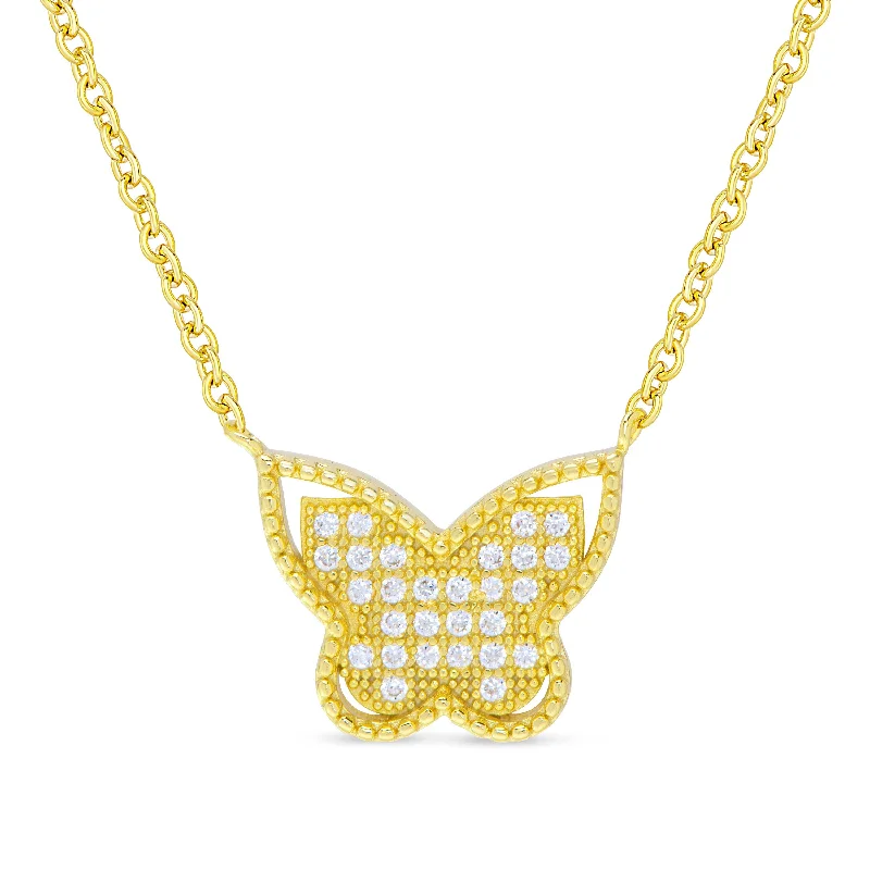 Fashionable Beaded Necklace-CZ Butterfly Necklace in 18k Gold over Sterling Silver