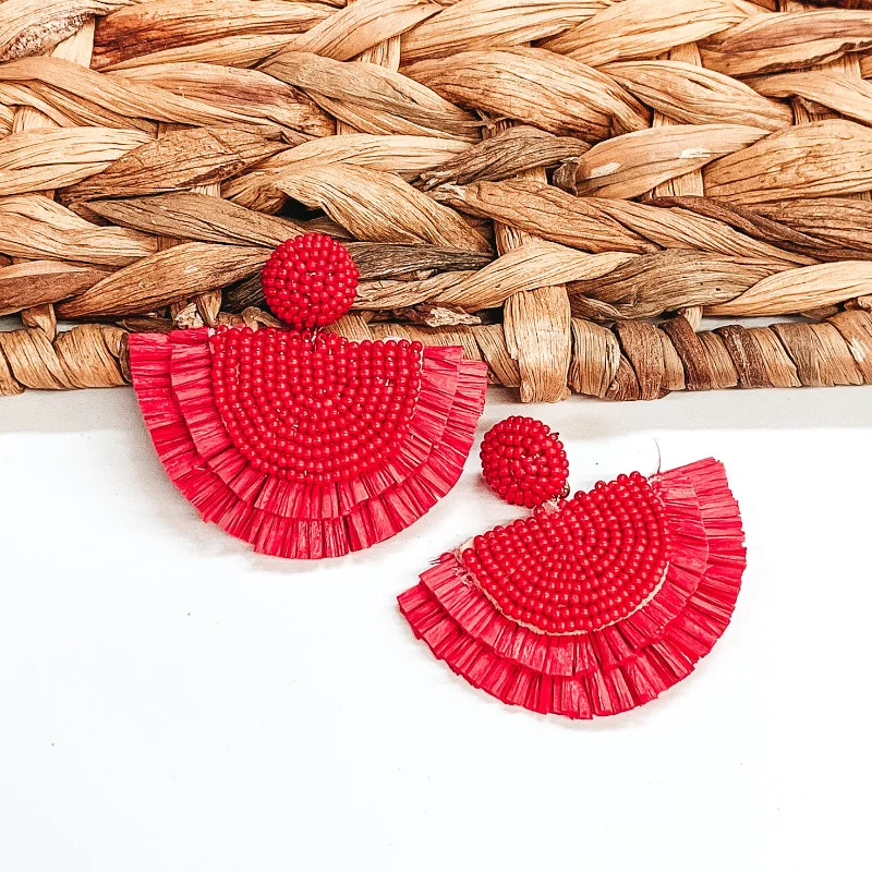 Cute Butterfly Earrings-Sunkissed Half Circle Beaded Earrings with Raffia Fringe in Red