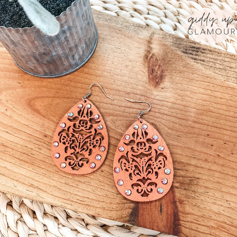 Chic Earrings for Women-Chic Wooden Teardrop Earrings in Coral with AB Crystal