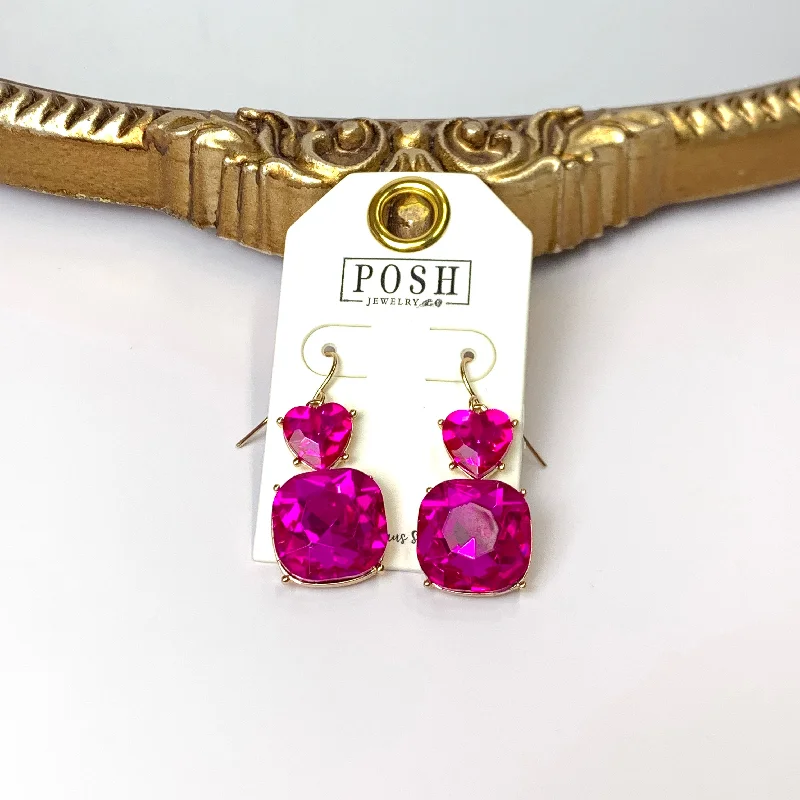 Designer Earrings for Women-Posh by Pink Panache | Gold Tone Fuchsia Pink Heart Shaped and Cushion Cut Crystal Drop Earrings