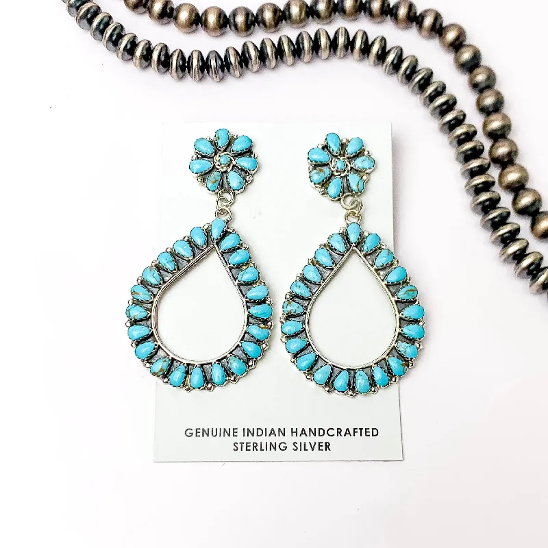 Vintage Wedding Earrings-Matilda Benally | Navajo Handmade Sterling Silver Flower Cluster Earring with Dangle Teardrop in Turquoise