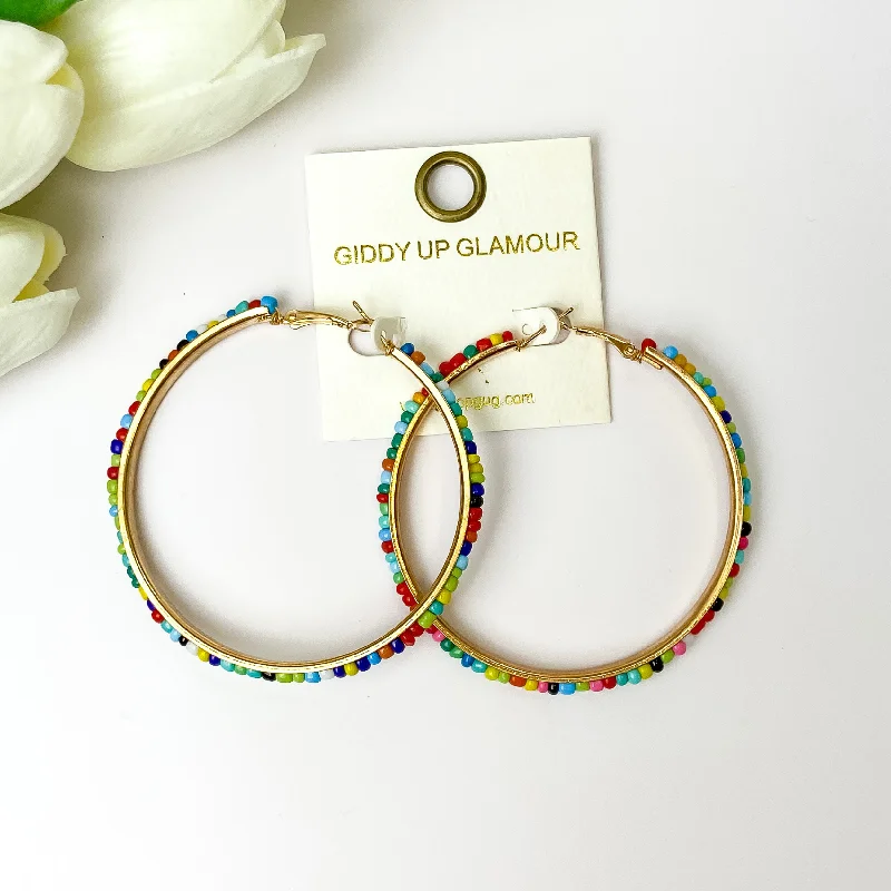 Pink Gemstone Earrings-Buy 3 For $10 | Large Gold Tone Hoop Earrings with Multi Color Beads