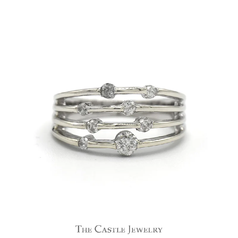 Dainty Gold Ring-Open Multi-Row Diamond Cluster Band in 14k White Gold