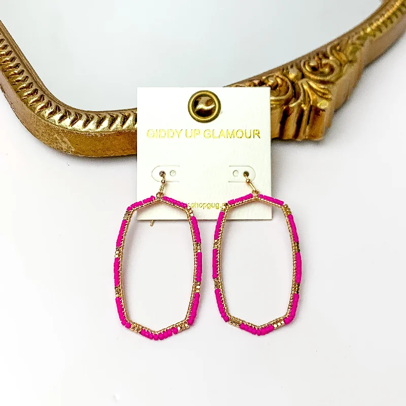 White Gold Earrings-Hot Pink Beaded Open Large Drop Earrings with Gold Tone Accessory