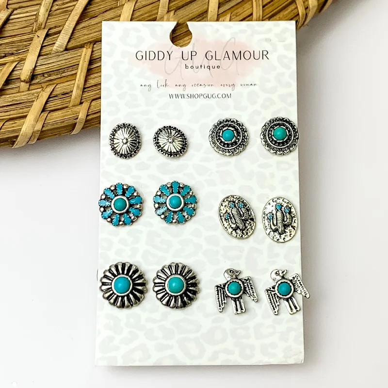 Dazzling Gold Earrings-Set Of Six | Multiple Turquoise and Silver Tone Stud Earrings