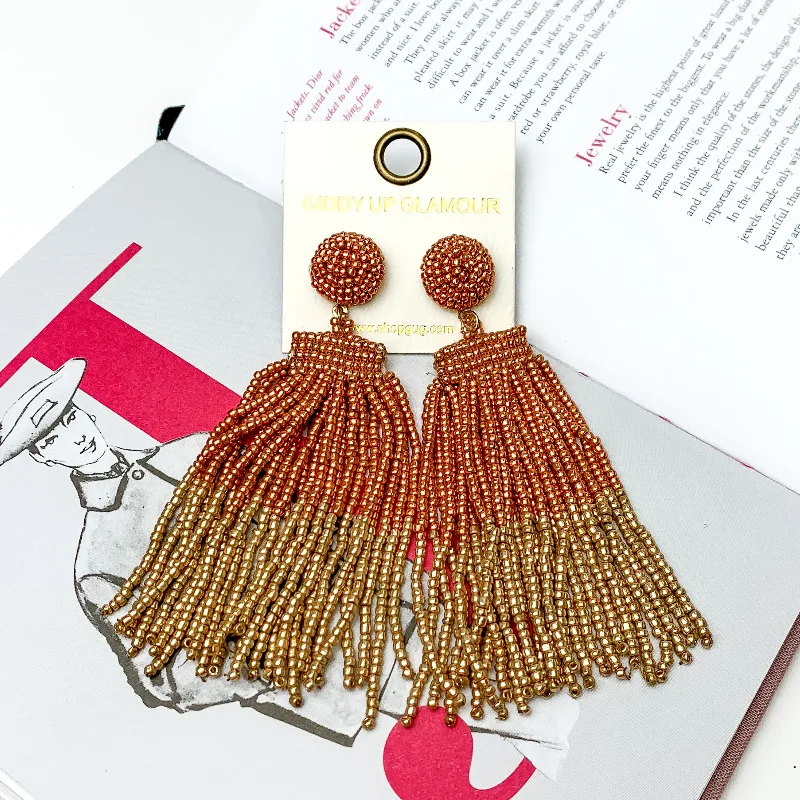 Modern Silver Earrings-Two Toned Beaded Tassel Fringe Earrings in Rose Gold and Gold Tone