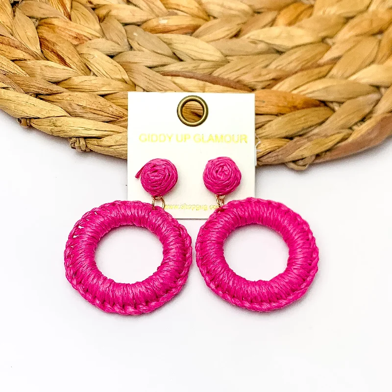 Vintage Gold Earrings-Beachside Café Raffia Wrapped Circle Earrings in Fuchsia Pink