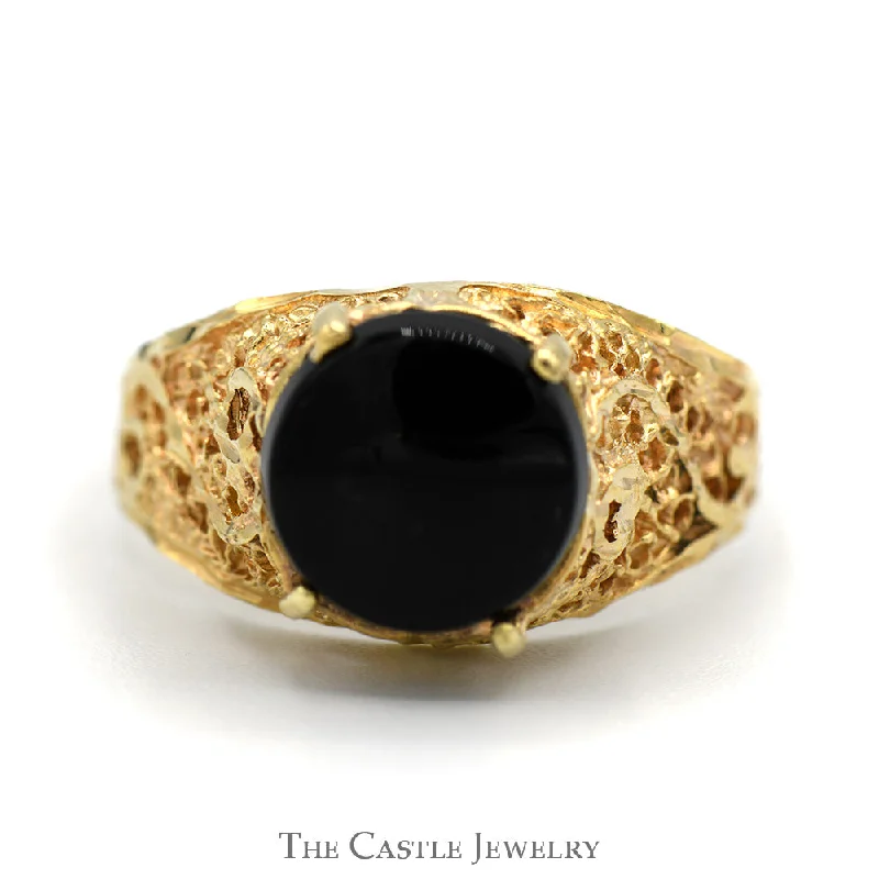 Classic Ring for Women-Round Black Onyx Solitaire Ring with Ornate Open Filigree Sides in 10k Yellow Gold