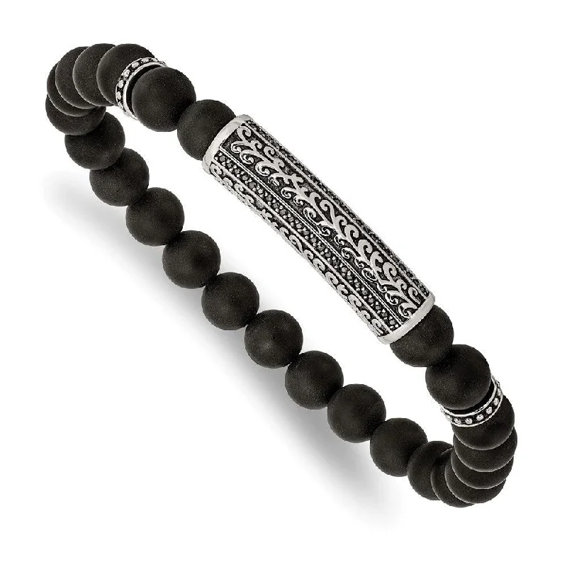 Simple Sterling Silver Bracelet-Stainless Steel Antiqued & Polished with Black CZ & Agate Stretch Bracelet