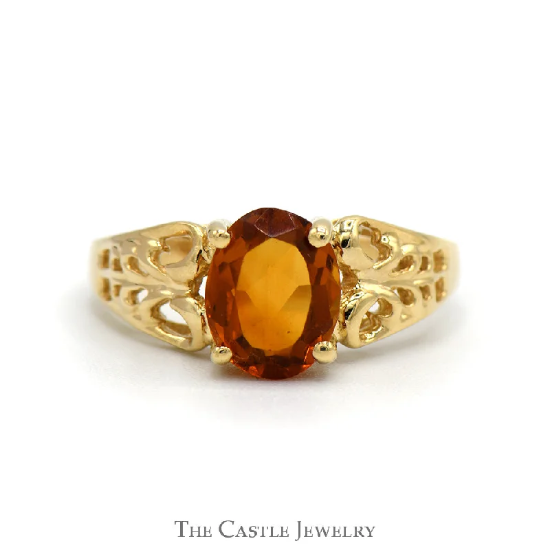 Unique Wedding Ring Set for Bride-Oval Citrine Ring with Open Filigree Sides in 10k Yellow Gold