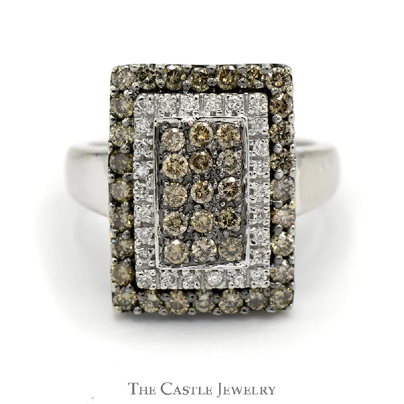 Wedding Band with Diamonds-1cttw Rectangular Cocoa and White Diamond Cluster Ring in 14k White Gold