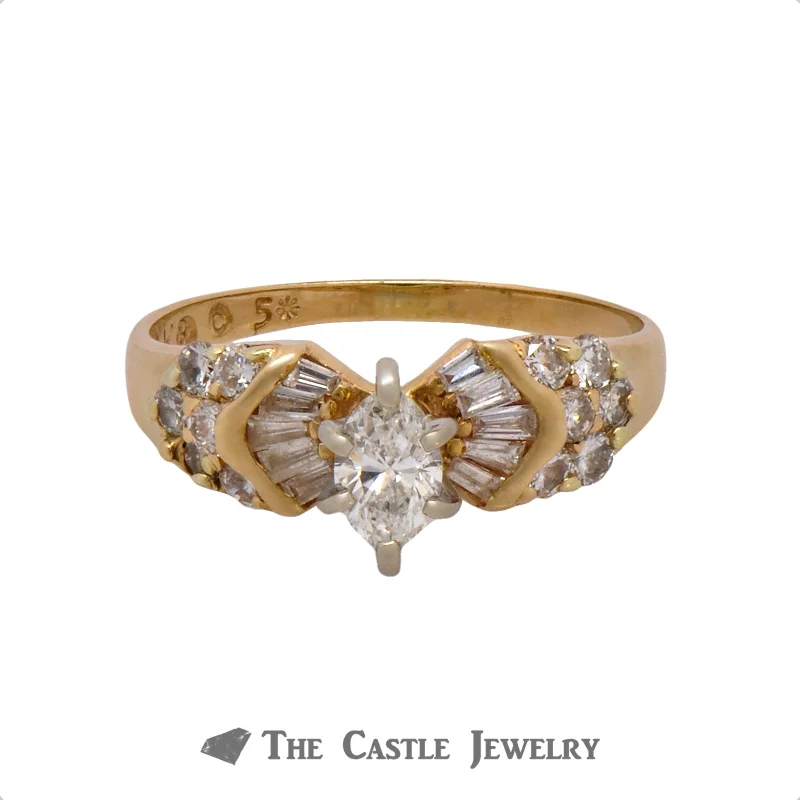 Diamond Ring for Wedding Day-Oval Cut Diamond Engagement Ring with Round & Baguette Diamond Accents in 14k Yellow Gold