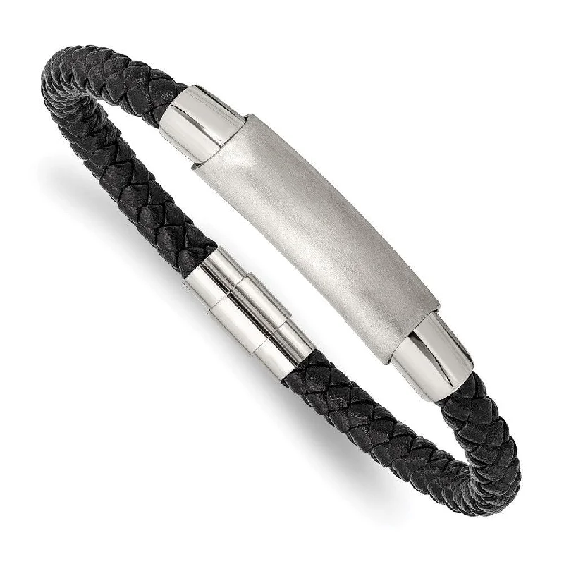 Stackable Bracelets for Women-Stainless Steel Brushed and Polished Braided Black Leather 8.25in Bracelet