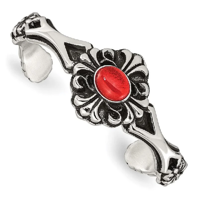 Sparkling Tennis Bracelet-Stainless Steel Polished/Antiqued Flower Red Glass Cuff Bracelet