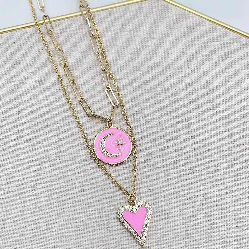 Beautiful Gold Necklace-Love you to the moon pink necklace J12