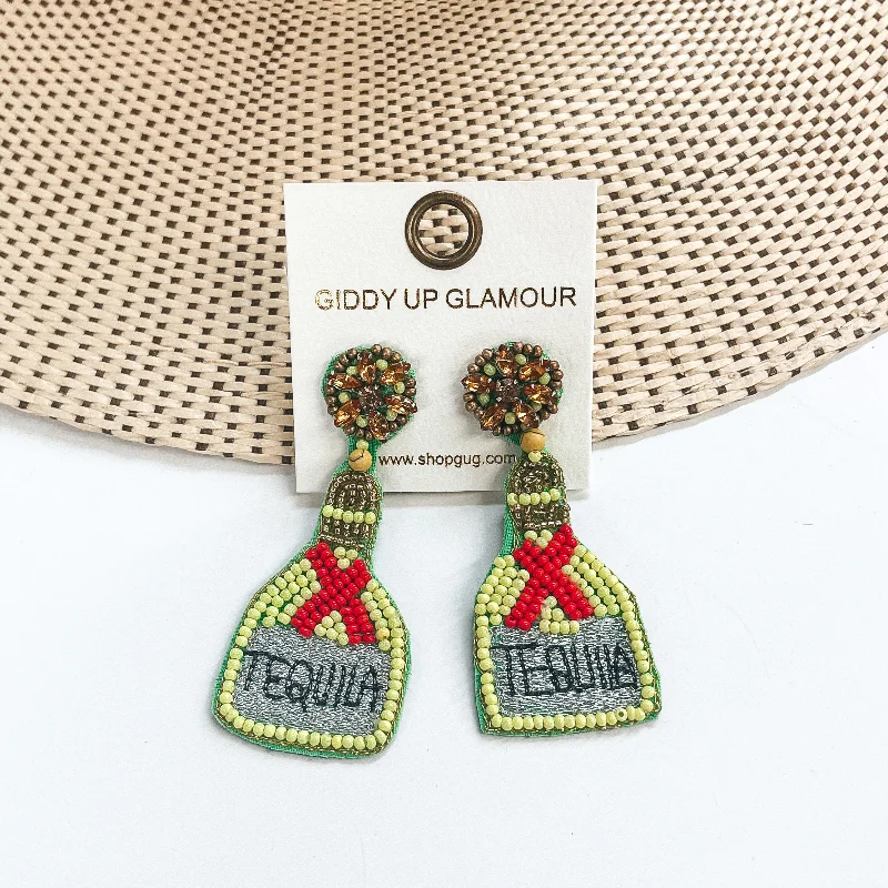 Cute Animal Earrings-Beaded Tequila Bottle in Lime Green