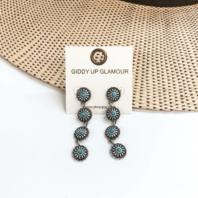 Large Drop Earrings-Small Western Flower Concho Drop Earrings with Turquoise Stones in Silver