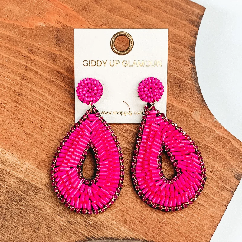 Unique Pearl Earrings-Bugle Bead Teardrop Earrings in Pink