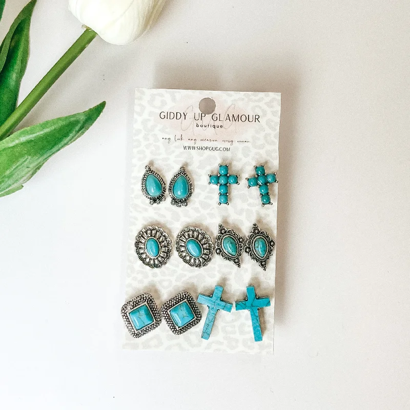 Bridal Earrings with Pearls-Set Of Six | Multiple Turquoise and Silver Designed Stud Earrings