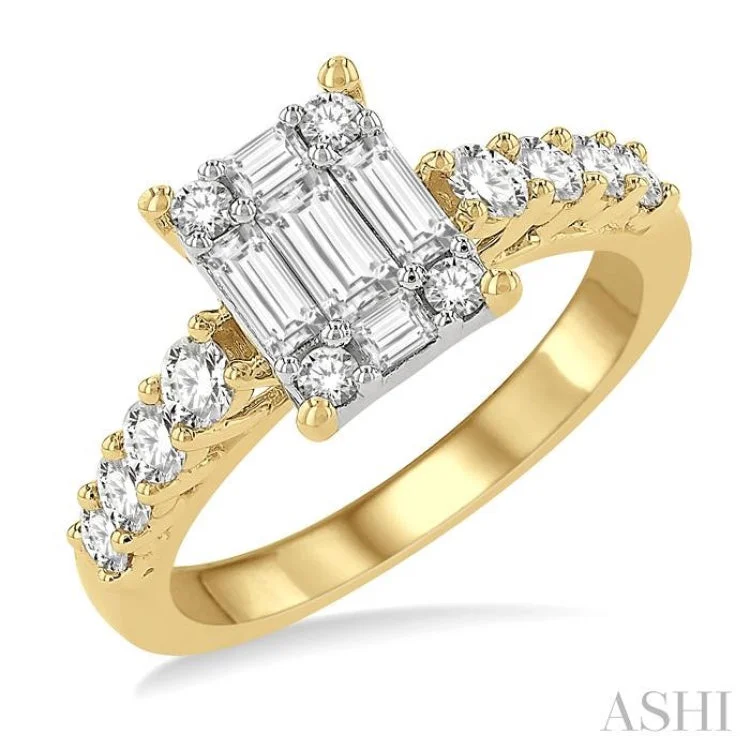 Unique Gemstone Ring for Women-1 ctw Fusion Baguette and Round Cut Diamond Engagement Ring in 14K Yellow and White gold