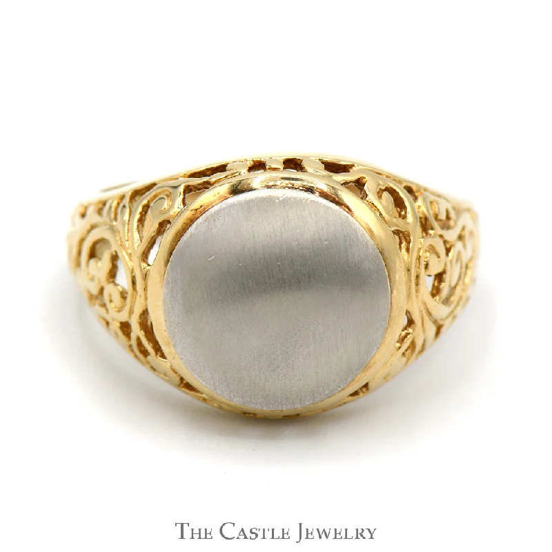 Classic Engagement Ring for Women-Two Tone Signet Ring with Open Filigree Designed Sides in 14k Yellow & White Gold