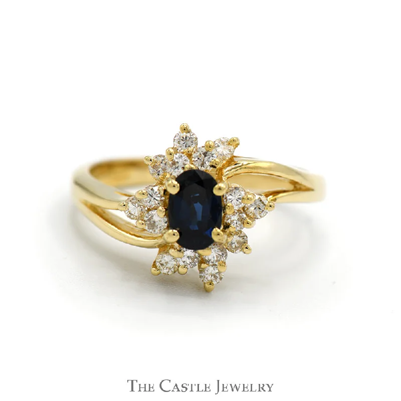 Classic Platinum Wedding Ring-Oval Sapphire Ring with Starburst Designed Diamond Halo in 14k Yellow Gold