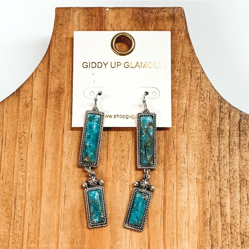 Elegant Long Earrings-Two Rectangle Drop Earrings with Faux Turquoise Stones in Silver Tone