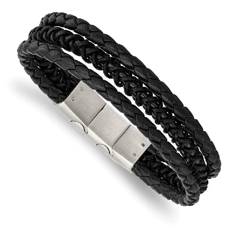 Sparkling Gold Bracelet for Women-Stainless Steel Brushed & Polished Black IP Leather w/.5in ext Bracelet