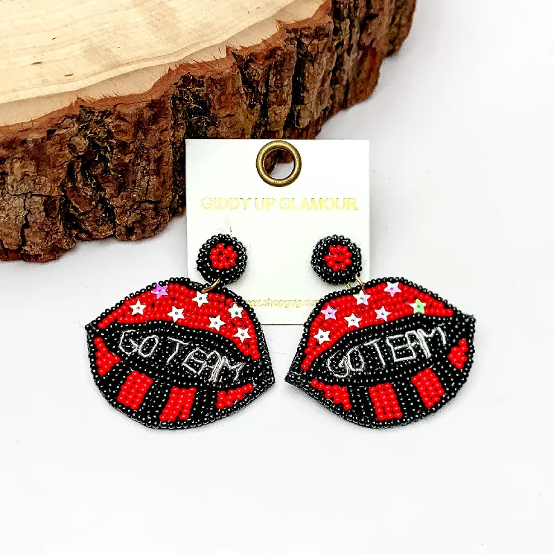 Charming Earrings for Women-GO TEAM Beaded Lips Post Earrings in Red and Black