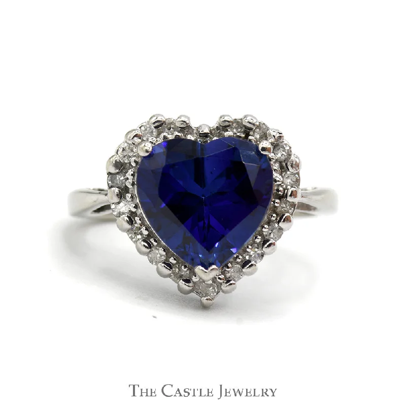 Gorgeous Wedding Band with Diamonds-Heart Shaped Recrystallized Sapphire Ring With Diamond Halo .20 CTTW IN 10KT White Gold