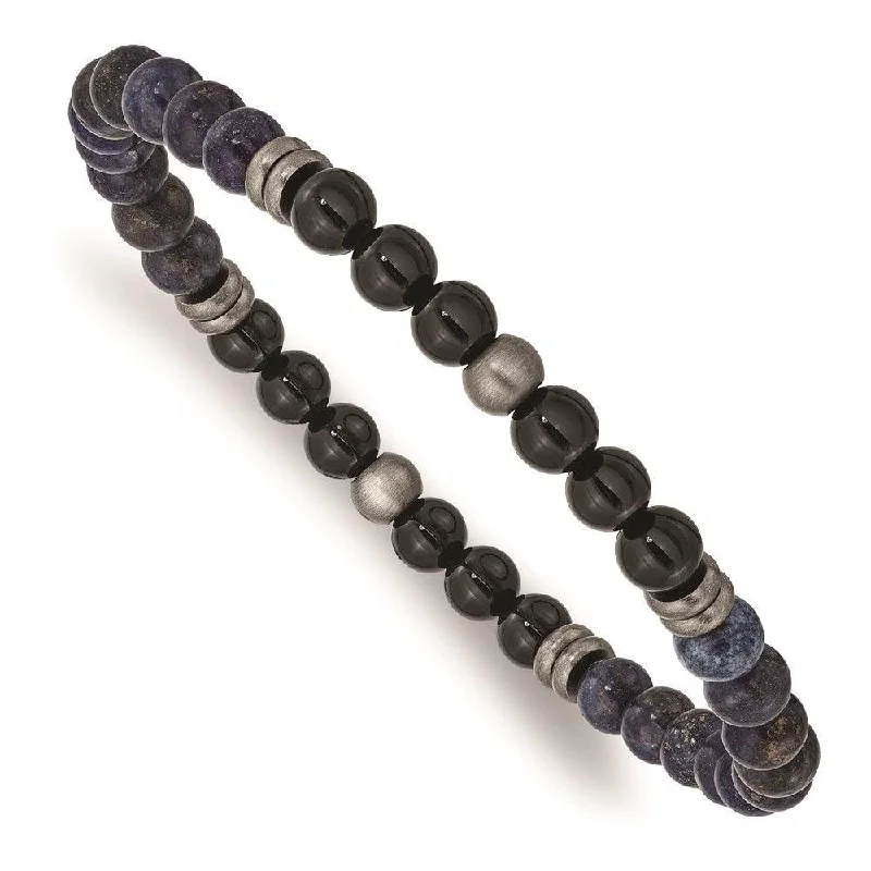 Stackable Gold Bracelets-Stainless Steel Brushed Antique Bronze-plated Black Agate/Lapis Bracelet