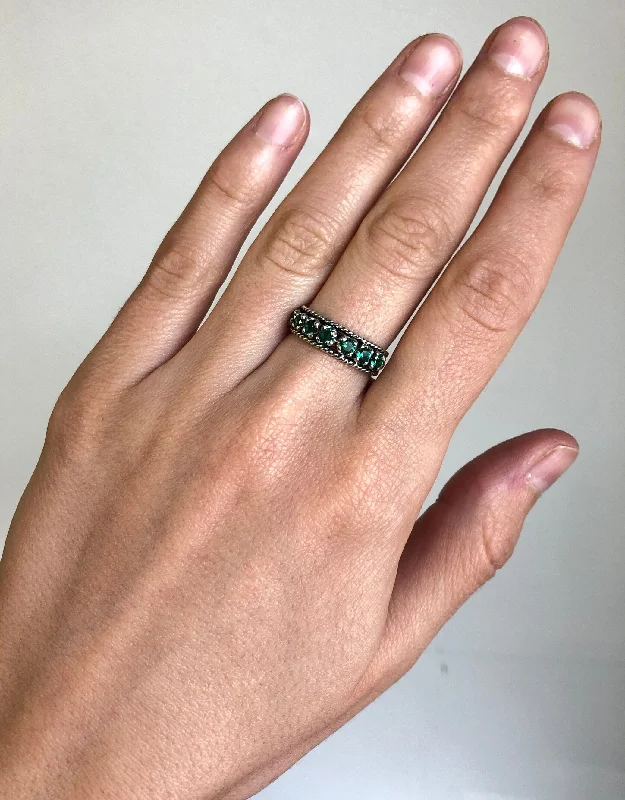 Diamond Ring with Gold Band-Emerald Half Eternity Band - Wide Green Ring - Vintage  Stackable Band